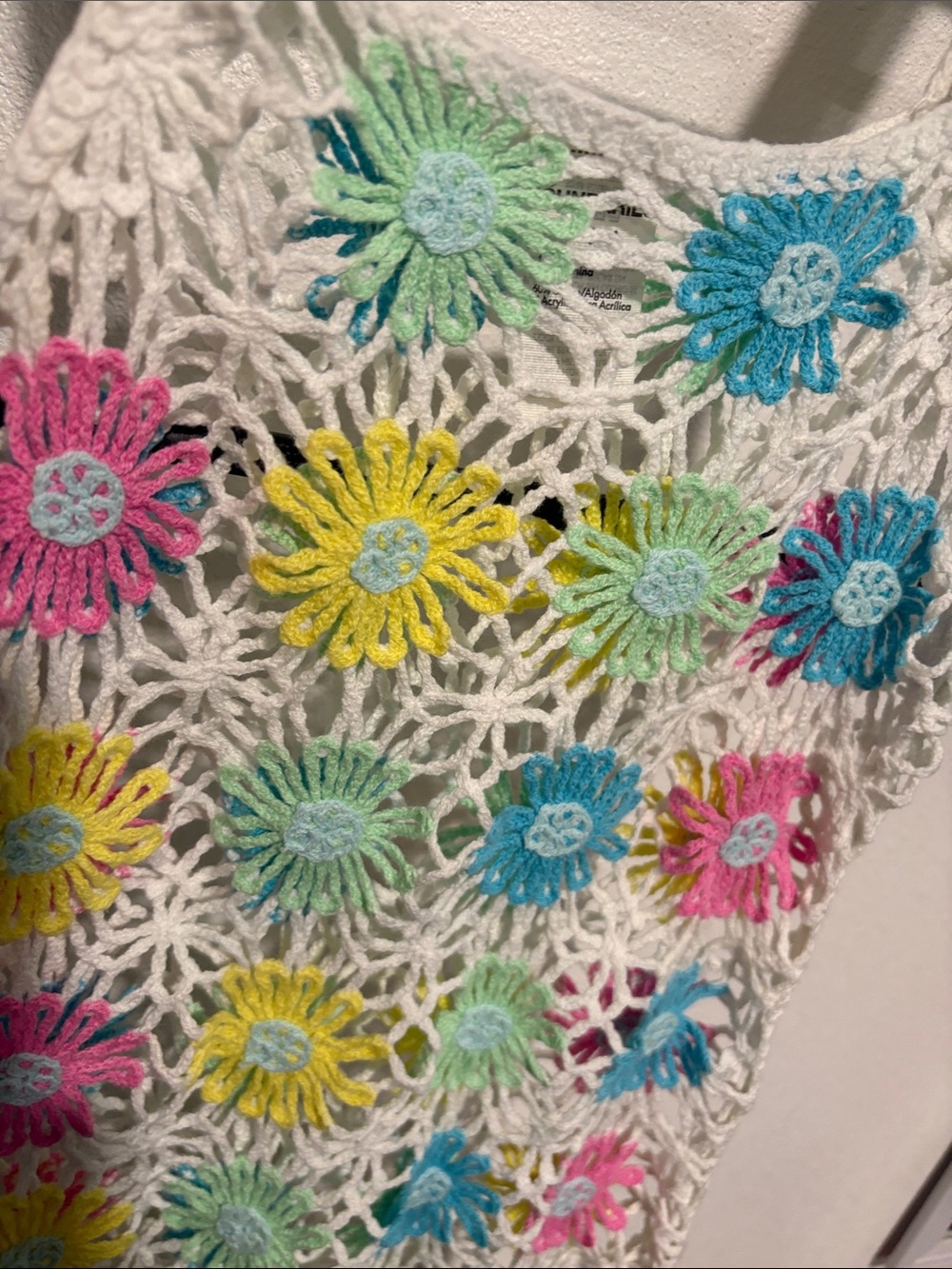 Crochet Floral Sun Dress — White with Pastel Flowers - Picture 2 of 4